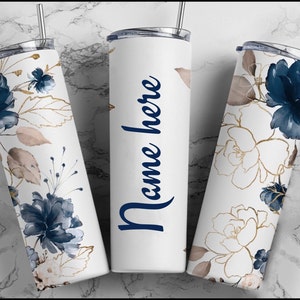 Personalized floral tumbler | Gold and Navy blue floral | Gift for her