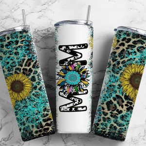 Sunflower Mom Tumbler, Cowhide Tumbler, Turquoise, Gift for Mom