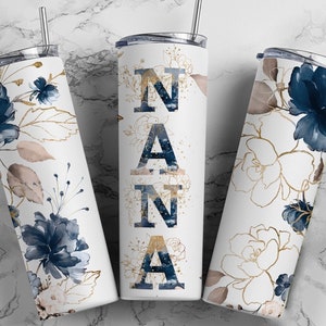 Nana floral tumbler, Gold and Navy blue floral, 20oz tumbler, Birthday Gift, Mother&#39;s Day Gift