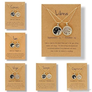 12 Constellation Zodiac Day & Night Necklaces - 2 Pcs  | Gold Color | Chain Zodiac Sign Round Pendant Necklace Couple Jewelry Birthday Gifts
