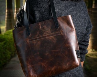 Genuine Brown Leather Tote Bag For Women Leather Shoulder Bag With Pockets Waxed crunch Leather Bag