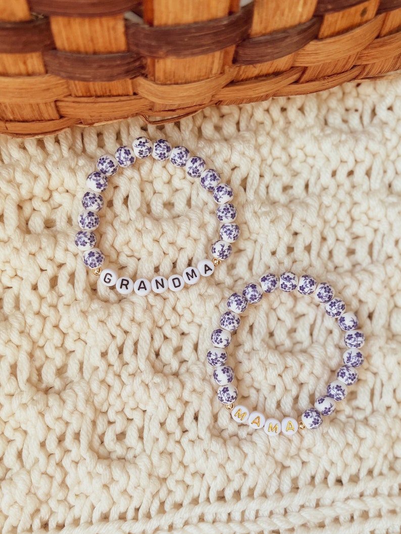 Blue and White Floral Ceramic Personalized Bracelet Mothers Day present gift for grandma image 2