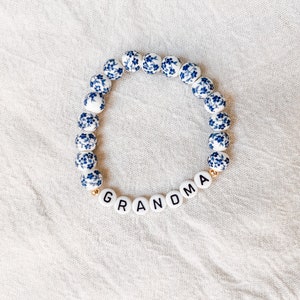 Blue and White Floral Ceramic Personalized Bracelet | Mother’s Day present | gift for grandma