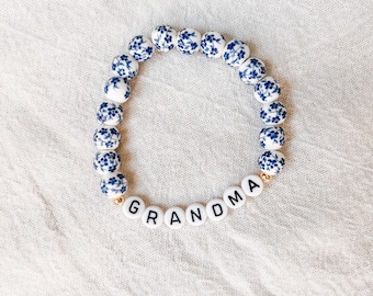 Blue and White Floral Ceramic Personalized Bracelet | Mother’s Day present | gift for grandma