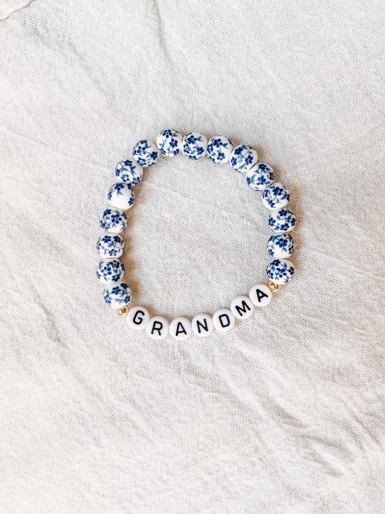 Blue and White Floral Ceramic Personalized Bracelet Mothers Day present gift for grandma image 1