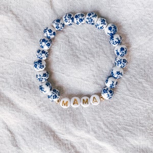 Blue and White Floral Ceramic Personalized Bracelet Mothers Day present gift for grandma image 3