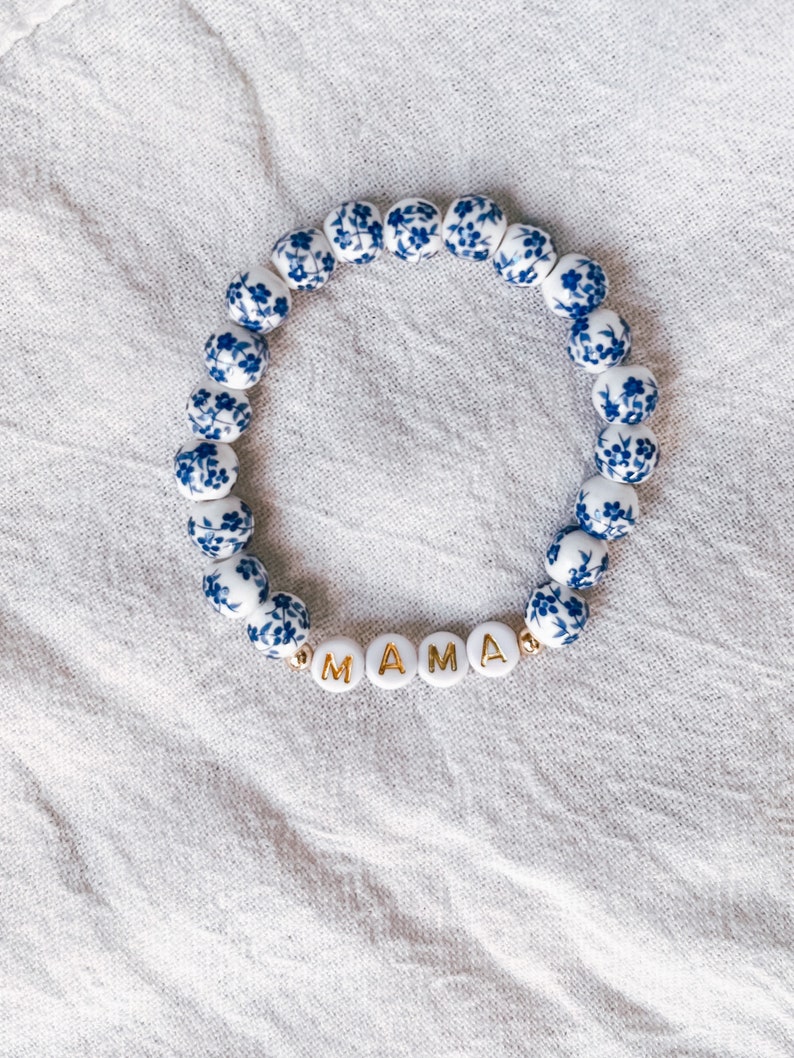 Blue and White Floral Ceramic Personalized Bracelet Mothers Day present gift for grandma image 3