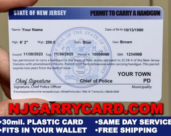 New Jersey Concealed Carry permit Printed Plastic Card