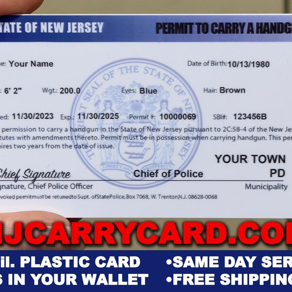 New Jersey Concealed Carry permit Printed Plastic Card