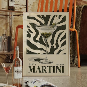 Póster de martini sucio Póster de cóctel de martini Decoración del hogar de cebra Póster de cebra Póster de carrito de bar Arte mural de cócteles Póster de arte mural de cóctel de oliva