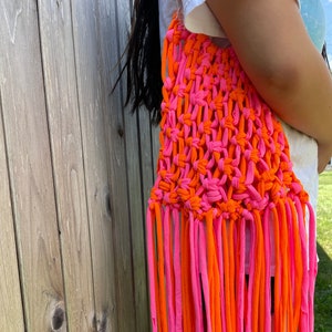 Fringe Macrame Bag: Hot Pink & Orange Boho Hippie Handbag