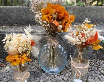 Bouquet rustique fleurs naturelles stabilisées séchées à base d'hortensias avec vase • verre • champêtre • made in france • artisanal