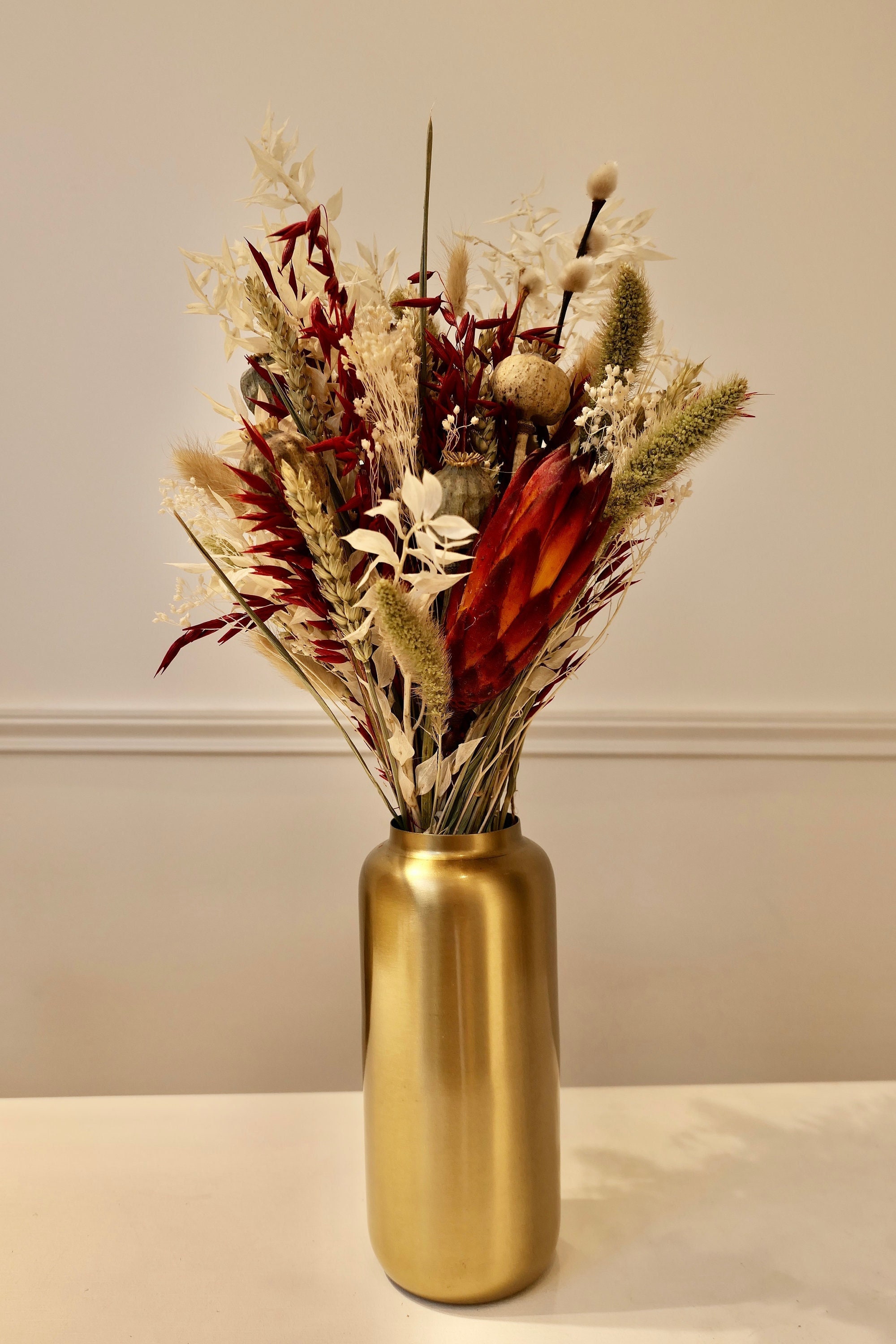 Bouquet Fleurs Séchées , Protea Blés Pavot , Ruscus, Setaria