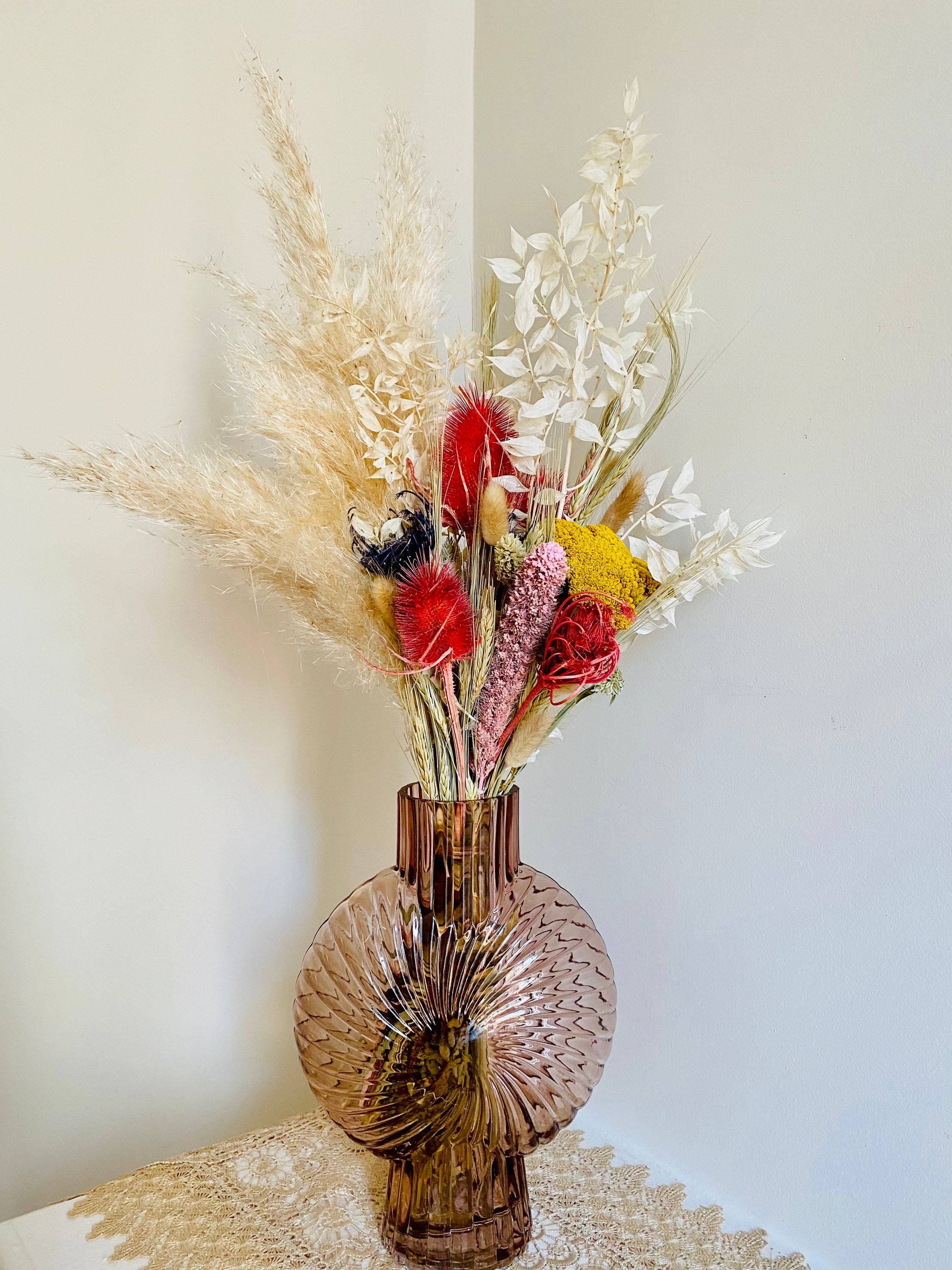Bouquet Fleurs Séchées avec Vase, Pampas, Chardons