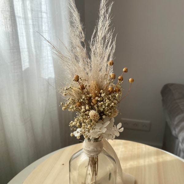 Mini bouquet champêtre de fleurs séchées • pampas • lin • hortensias • fleurs naturelles stabilisées • made in france • artisanal • boho