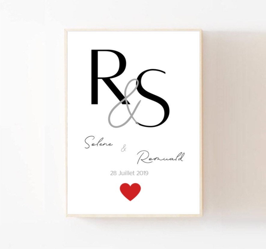 Affiche Personnalisée Initiales, Cadeau Saint Valentin, Couple