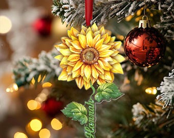 Adorno de girasol personalizado, adorno navideño de girasol de acrílico/madera con nombre personalizado, regalos de girasol, decoración para árbol de Navidad
