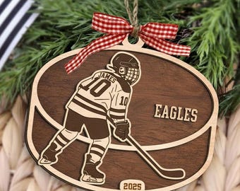 Personalized Hockey Layered Wood Ornament, Custom Hockey Christmas Tree Ornament, Sport Christmas Home Decor, Gift for Hockey Son, Dad, Kids