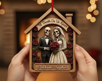 Personalisierte Skelett Paar überlagert Holz Verzierung, Bis der Tod uns Teil Jahrestag Verzierung, Paar Weihnachtsverzierung, gotisches Weihnachtsgeschenk
