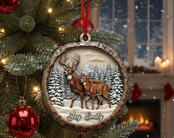 Adorno de madera personalizado con forma de pareja de ciervos, decoración navideña con nombre personalizado para el árbol, lindo adorno navideño de ciervos, regalo romántico de Navidad para parejas
