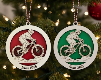 Personalized Mountain Biking Layered Wood Ornament, Custom Mountain Bike Ornament, Biker Xmas Ornament, Bicycle Rider Gift, Bicycling Gift