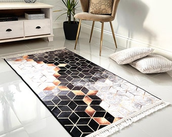 Machine Washable Non-slip Living Room Rugs Mat Modern 2D Cube Design