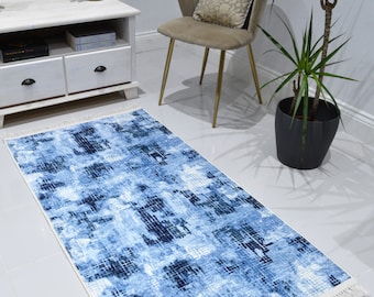 Machine Washable Non-Slip Distressed Faded Rug Blue Mat Living Room Kitchen Runner Kids Nursery