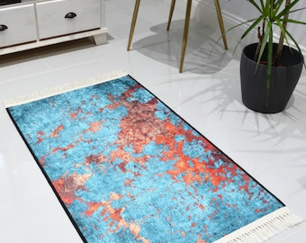 Washable Non-slip Modern Blue Orange Faded Rug Mat