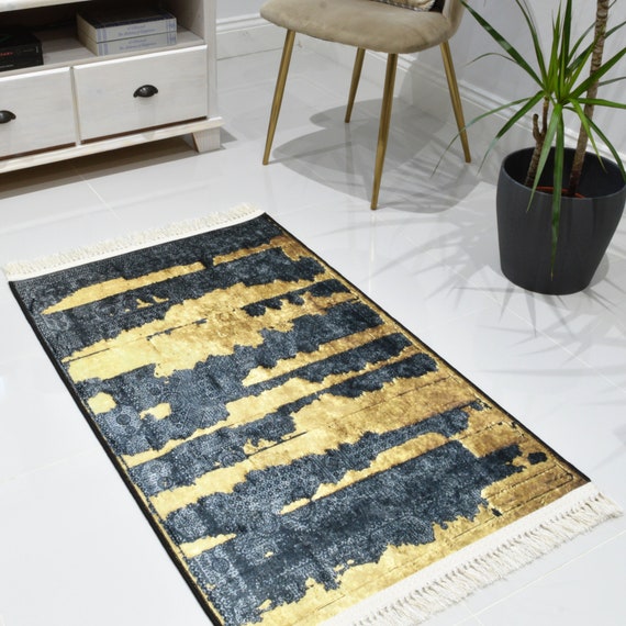 Washable Non-slip Modern Black Gold Faded Rug Mat