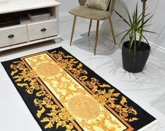 Washable Non-slip Modern Designer Floral Printed Gold Design Mat