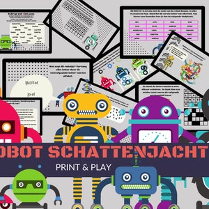 Op de afbeelding: Een printbaar robotspeurtocht spel met kleurrijke robots en een blauw inktvislogo. Het spel bevat woordzoekers, code kraken en andere puzzels.