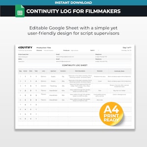 Può includere: Un modello digitale di registro di continuità per cineasti in formato Google Sheet. Il documento include campi per il titolo della produzione, regista, produttore, numero di rullo e dettagli del segretario di edizione, con una tabella per tracciare scene, inquadrature, ciak, lenti, apertura, durata e note.
