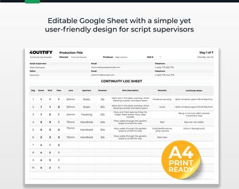 Modelo de planilha de registro de continuidade para cineastas | Planilhas Google