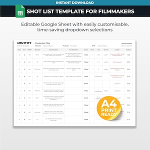 May include: A digital shot list template for filmmakers in Google Sheets format. The document features columns for scene, shot, type, description, tech details, camera, sound, cast, set, location, and duration. Includes an A4 print ready badge.
