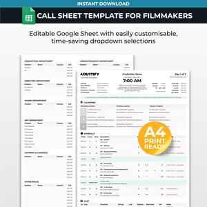 May include: A digital call sheet template for filmmakers, formatted as an editable Google Sheet. The document includes sections for production, directing, sound, art, and catering departments, plus a detailed daily schedule and cast list.