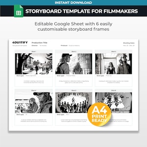 May include: A digital storyboard template for filmmakers featuring six editable frames. The document includes fields for production title, director, producer, and shooting dates. Each frame contains a black and white illustration with space for shot type and description text.