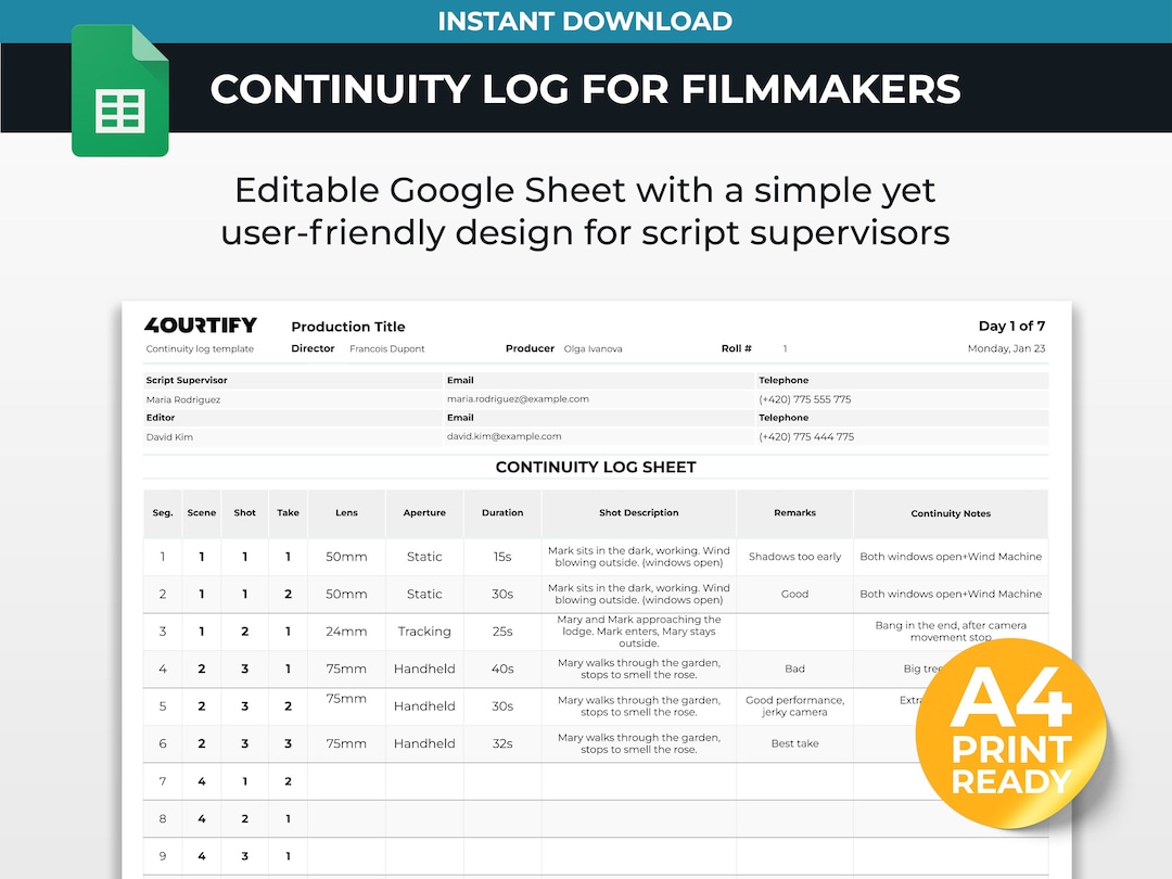 Continuity Log Sheet Template for Filmmakers Google Sheets Etsy