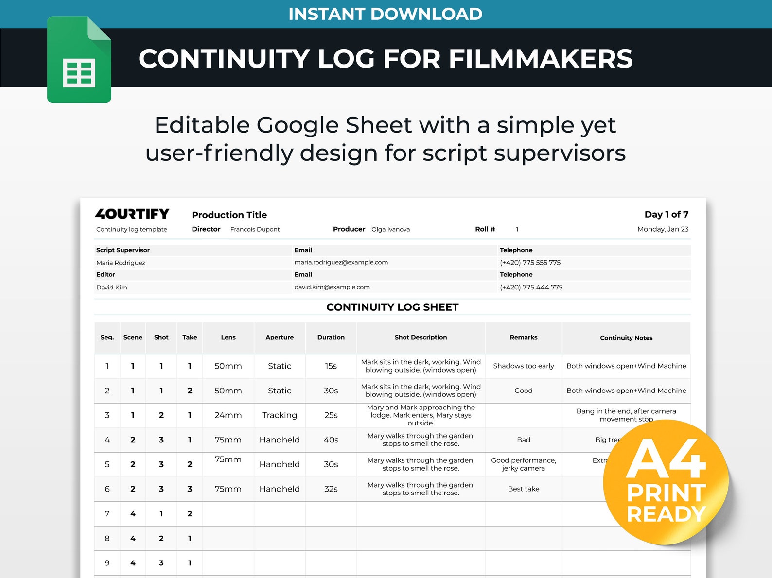 Continuity Log Sheet Template for Filmmakers Google Sheets Etsy
