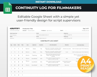Kontinuität Log Sheet Vorlage für Filmemacher | Google Sheets