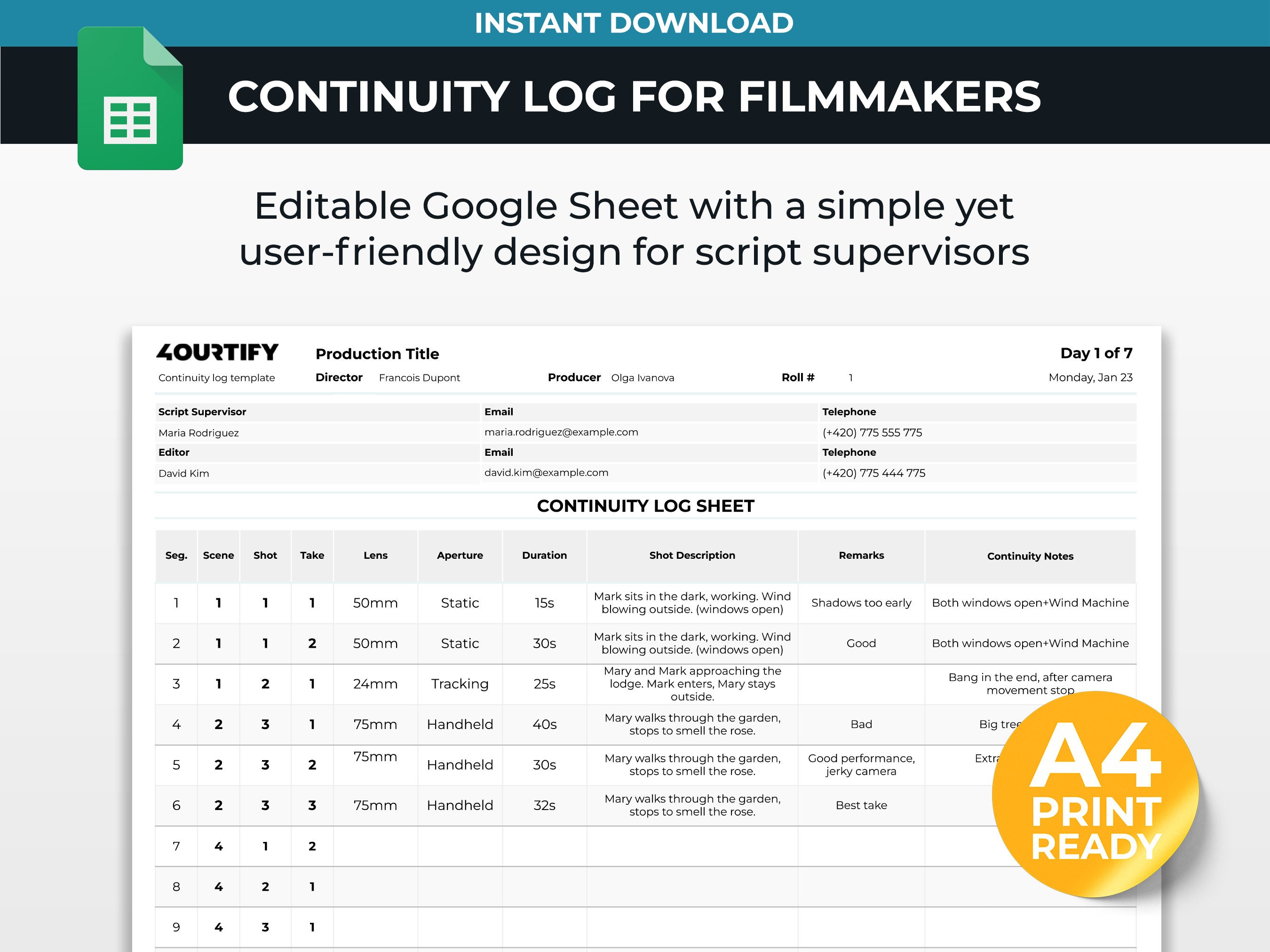 Continuity Log Sheet Template for Filmmakers Google Sheets Etsy
