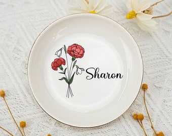 Personalized Birth Flower Jewelry Dish,Bridesmaids Gift,Mothers Day Gift,Custom Name Ring Dish,Holder Dish,Birthday Party Gift for Her