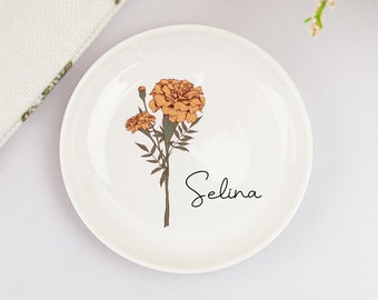 Personalized Birth Flower Ring Dish for Wedding,Custom Jewelry Dish Gifts for Her