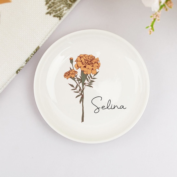 Personalized Birth Flower Ring Dish,Perfect Bridesmaid or Best Friend Gift,Wedding Ring Dish,Custom Jewelry Dish,Birthday Party Gift for Her