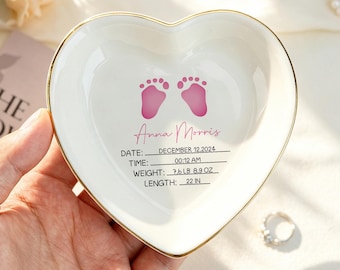 Regalo personalizado para anunciar el nacimiento del bebé, plato de cerámica con datos personalizados del bebé, recuerdo para la nueva mamá, bandeja para joyas con soporte para anillos de recién nacido
