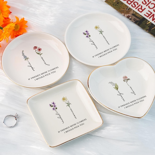 Personalized Birth Flower Jewelry Dish,Wedding Bridesmaid Gift,Best Friend Flower Ring Dish,Birthday Gift for Bestie,Gift for Her,Mom,Women