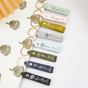 Personalized Birth Flower Leather Keychain,Engraved Name Keyring,Birthday Gift,Gift for Her,Bridesmaid Gifts,Bag Tags,Christmas Gift for Mom