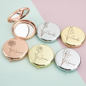 Espelho compacto personalizado, presentes de dia das mães para ela, mãe, presente de dama de honra, aniversário, presente de chá de panela, espelho de bolso com flor de nascimento gravada