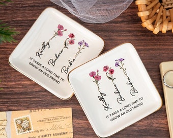 Personalized Bestie Gifts,Custom Birth Flower Jewelry Dish,Wedding Bridesmaid Gift,Best Friend Ring Dish,Birthday,Family Gift for Her,Mom