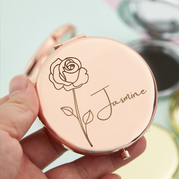 Personalized Bridesmaid Mirrors,Custom Birth Flower Name Mirror,Personalized Gifts for Women,Engraved Compact Mirror,Weddings Birthday Gifts
