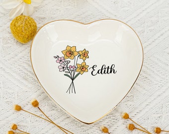 Personalized Name Ring Dish,Birth Flower Jewelry Dish,Bridesmaids Gift,Mothers Day Gift,Heart Holder Dish,Birthday Party Gift for Her